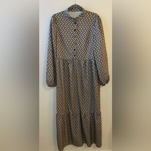 Elegant Long-Sleeve Tiered Midi Dress High Neck Geometric Pattern Cottagecore L